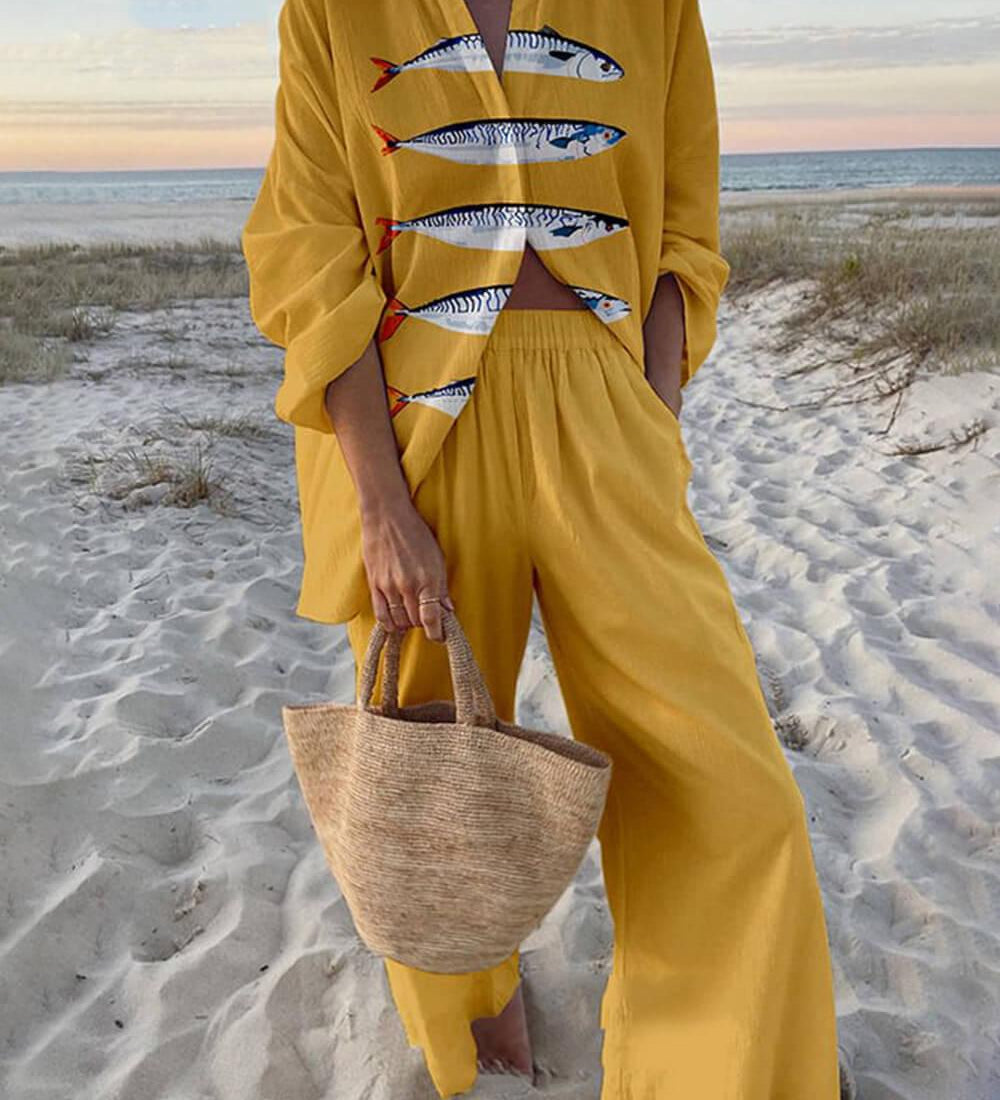 Gisela | Bluse Oversize mit Ozeanprint aus Stil Insel und Hose mit elastischen Taschen
