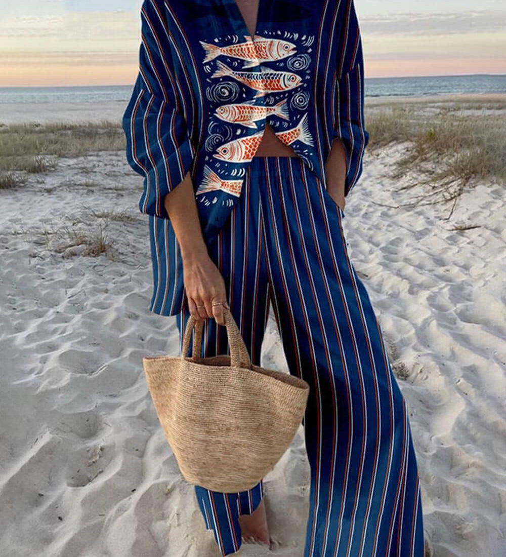 Gisela | Bluse Oversize mit Ozeanprint aus Stil Insel und Hose mit elastischen Taschen