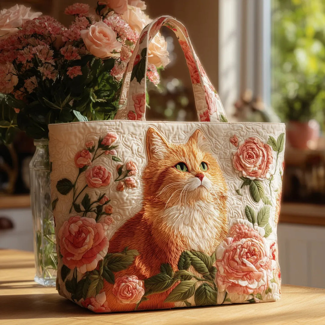 Handgemachte Tasche mit rotem Kater und Rosen – Geschenkidee