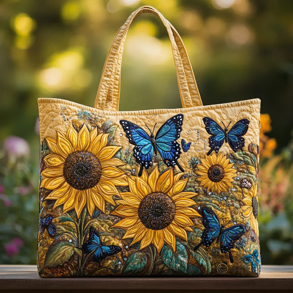 Damenhandtasche mit Sonnenblumen und blauen Schmetterlingen – Geräumig und Leicht