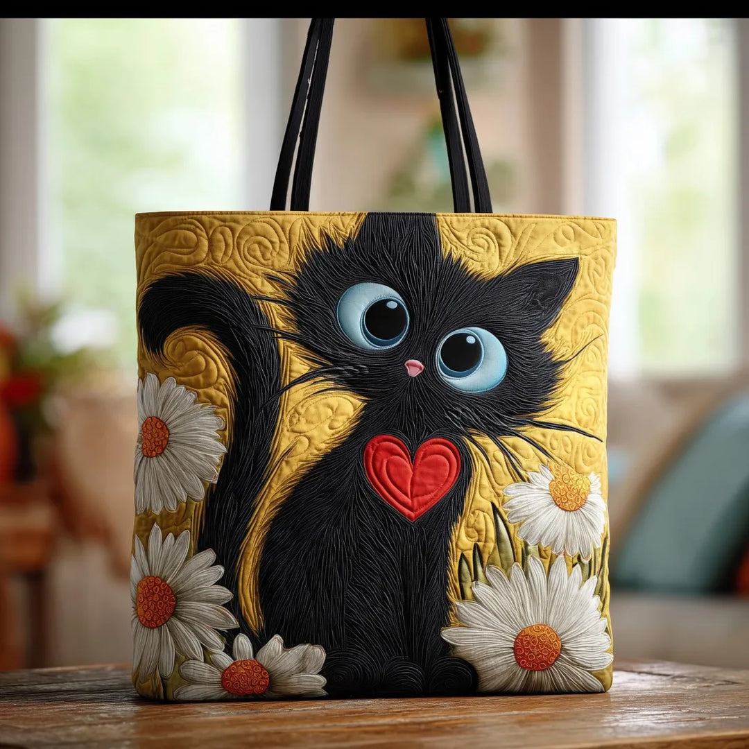 Handgefertigte Tasche mit schwarzer Katze und Margeriten – Geschenkidee