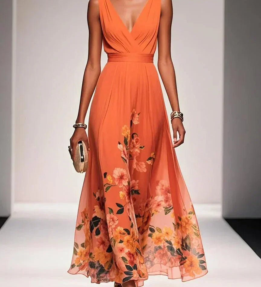 Paula | Maxikleid aus Chiffon mit Blumen hellblau und V-Ausschnitt