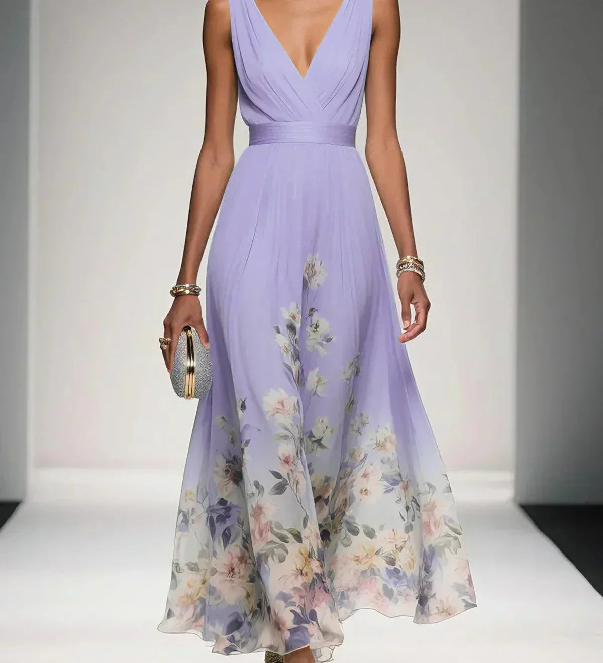 Paula | Maxikleid aus Chiffon mit Blumen hellblau und V-Ausschnitt