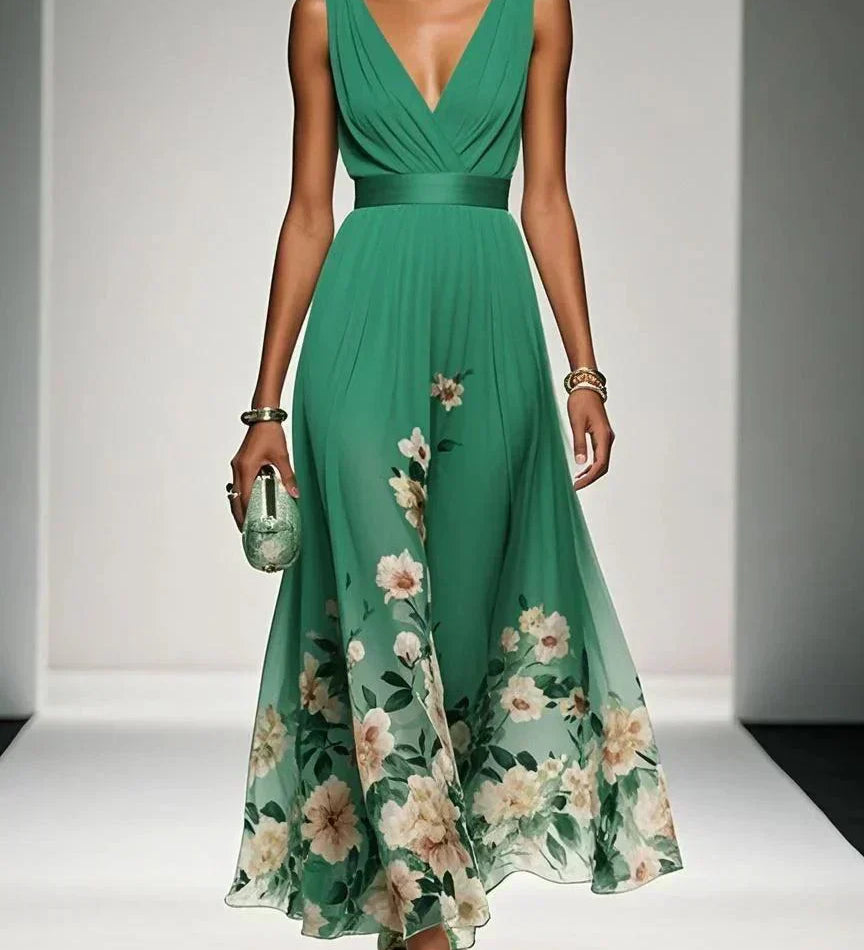 Paula | Maxikleid aus Chiffon mit Blumen hellblau und V-Ausschnitt