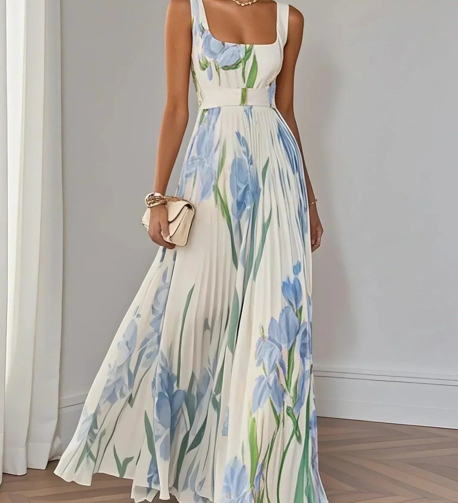 Ingrid | Maxikleid Chiffon mit Blumenmuster plissiert weiß