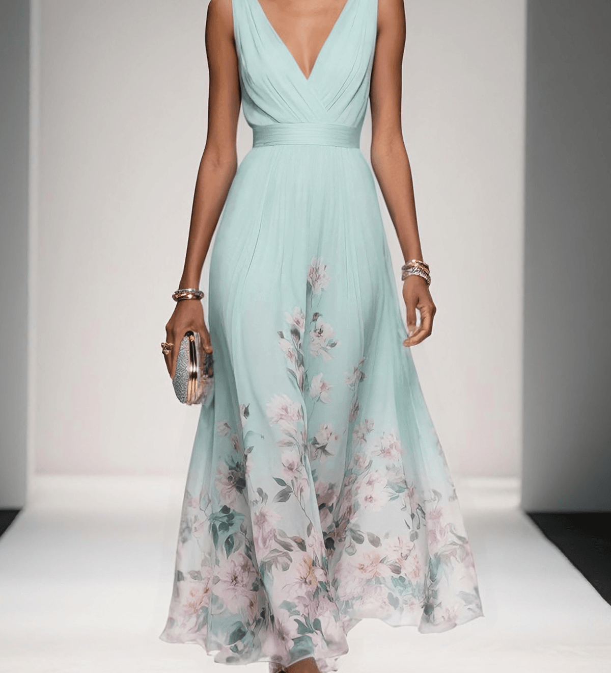 Paula | Maxikleid aus Chiffon mit Blumen hellblau und V-Ausschnitt
