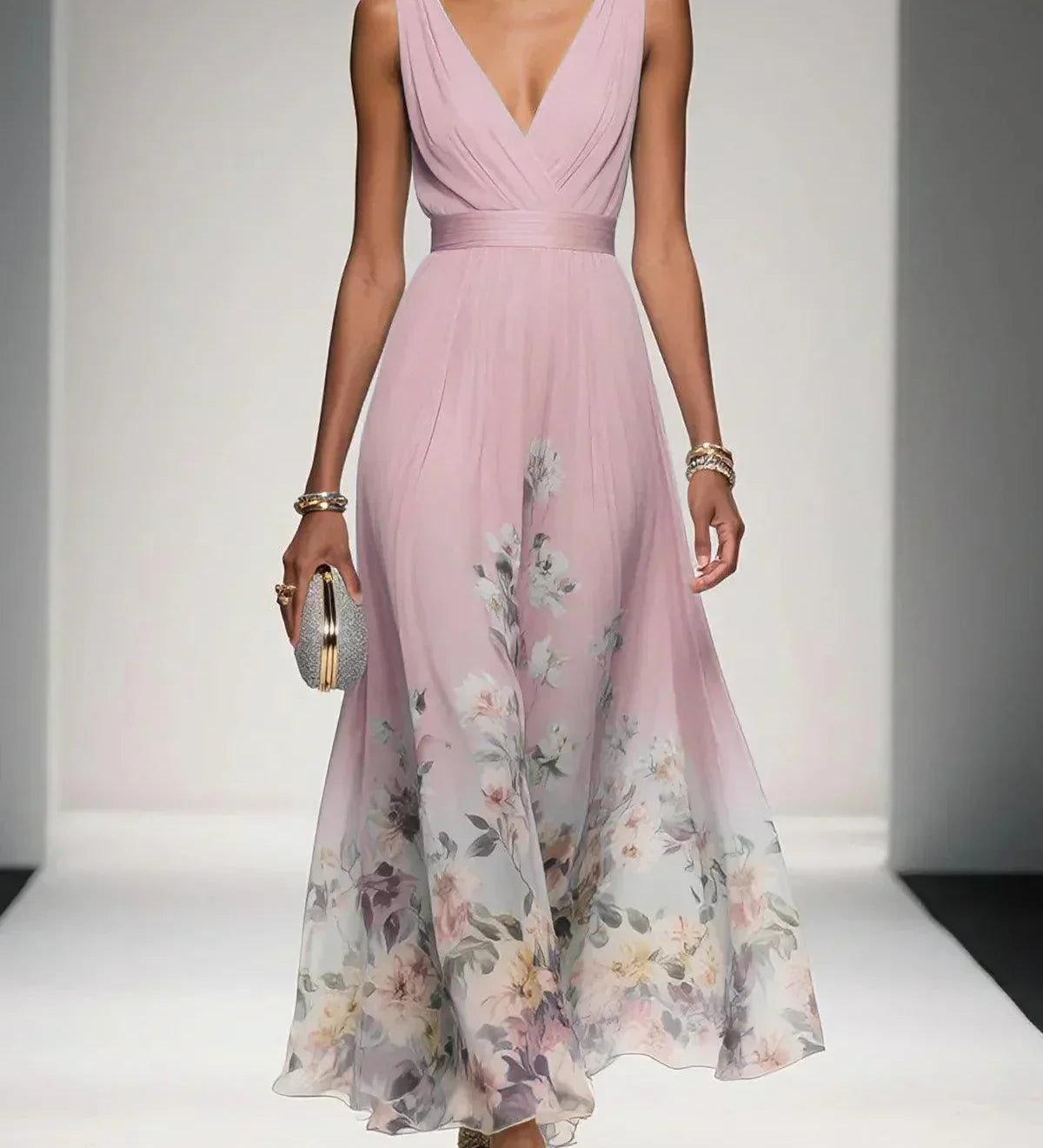 Paula | Maxikleid aus Chiffon mit Blumen hellblau und V-Ausschnitt