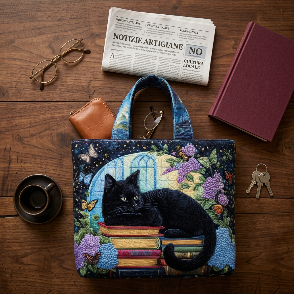 Handgefertigte Tasche mit schwarzer Katze auf Büchern – Geschenkidee