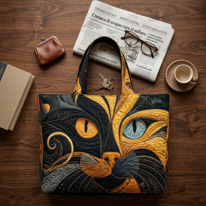 Gepolsterte Tasche mit geheimnisvollem Katzenmotiv – Geräumig und Leicht