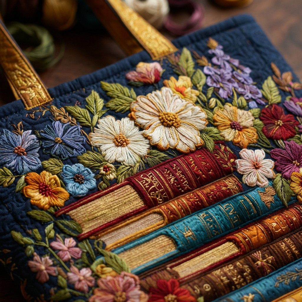 Quilted Tasche mit Blumenmuster und Büchern – Für Buchliebhaber