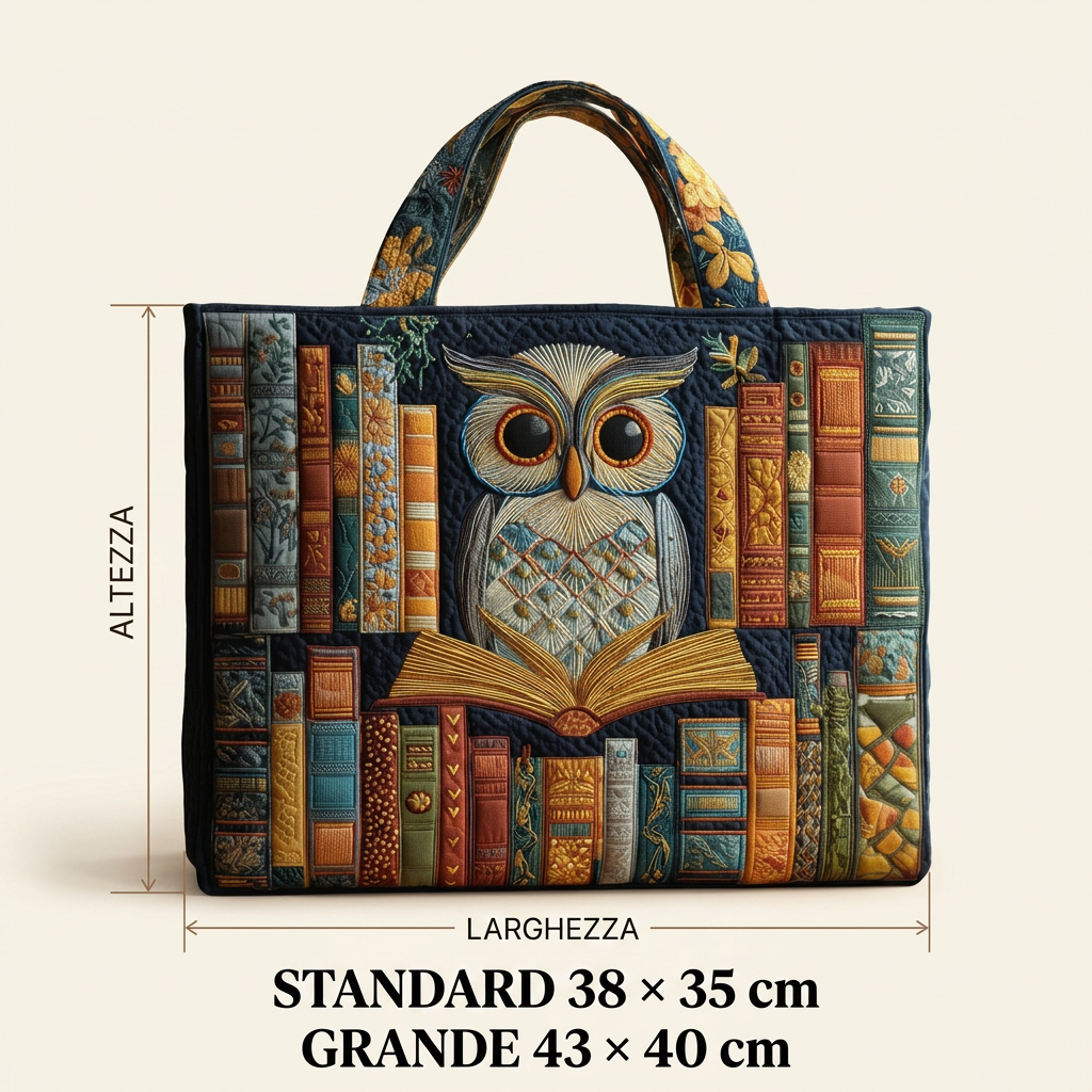 Handgefertigte Tasche mit Eule und alten Büchern – Geschenkidee
