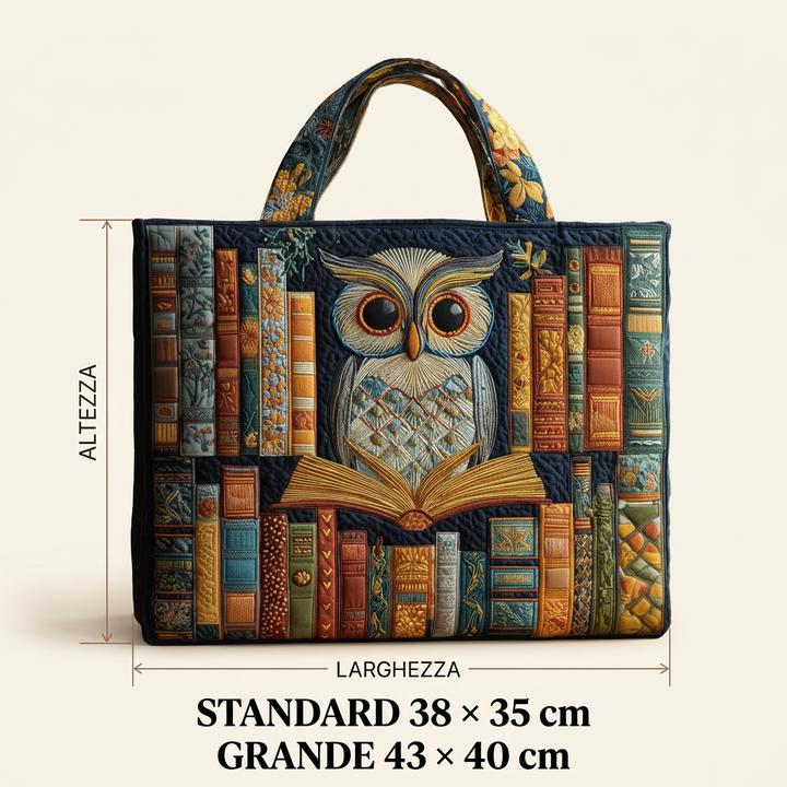 Handgefertigte Tasche mit Eule und alten Büchern – Geschenkidee