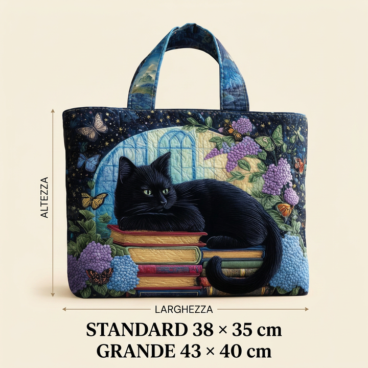 Handgefertigte Tasche mit schwarzer Katze auf Büchern – Geschenkidee