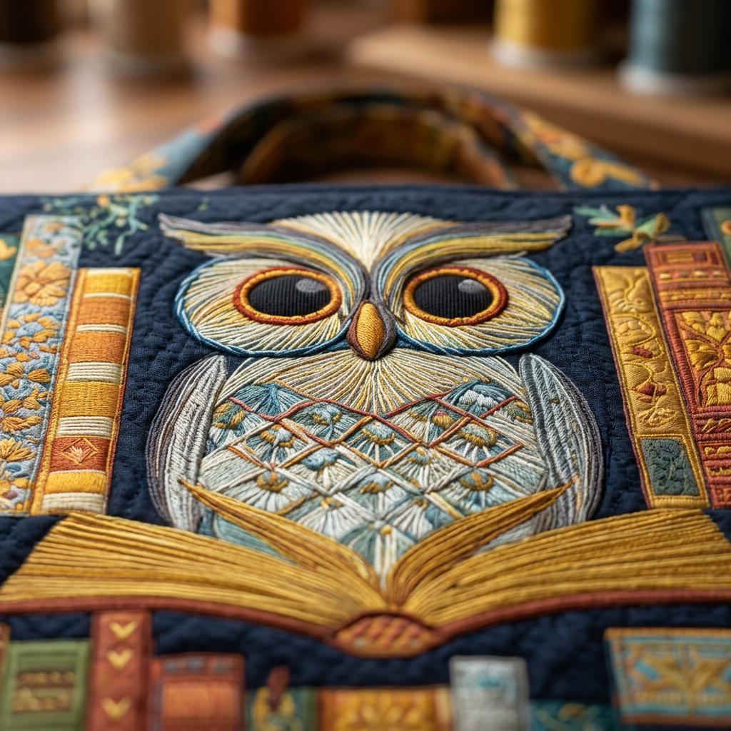 Handgefertigte Tasche mit Eule und alten Büchern – Geschenkidee