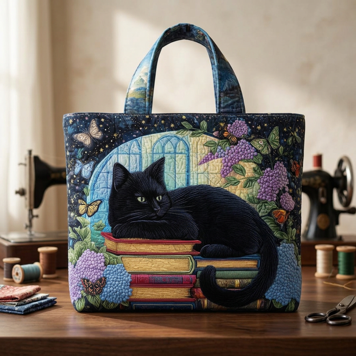 Handgefertigte Tasche mit schwarzer Katze auf Büchern – Geschenkidee