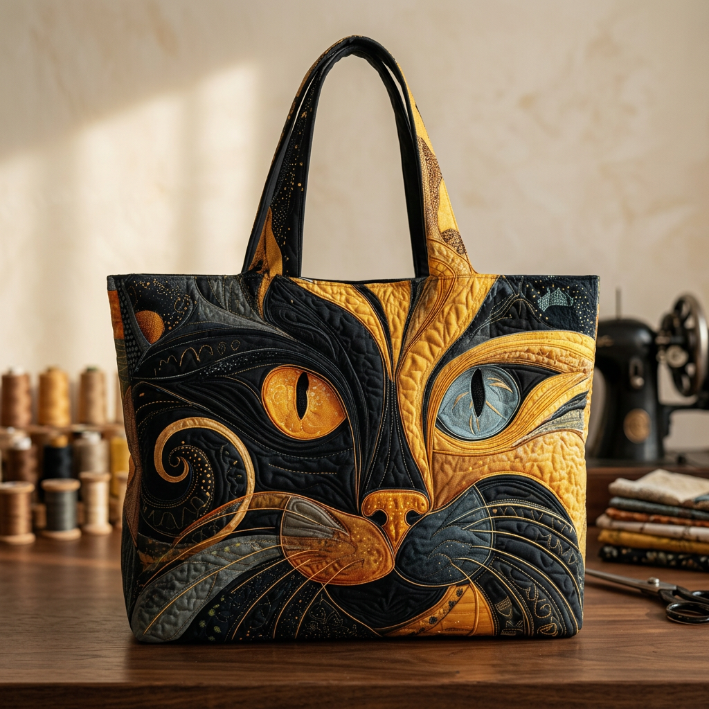 Gepolsterte Tasche mit geheimnisvollem Katzenmotiv – Geräumig und Leicht