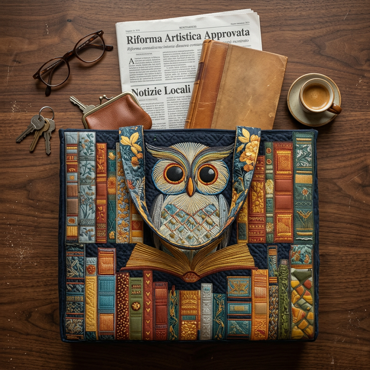 Handgefertigte Tasche mit Eule und alten Büchern – Geschenkidee