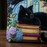 Handgefertigte Tasche mit schwarzer Katze auf Büchern – Geschenkidee