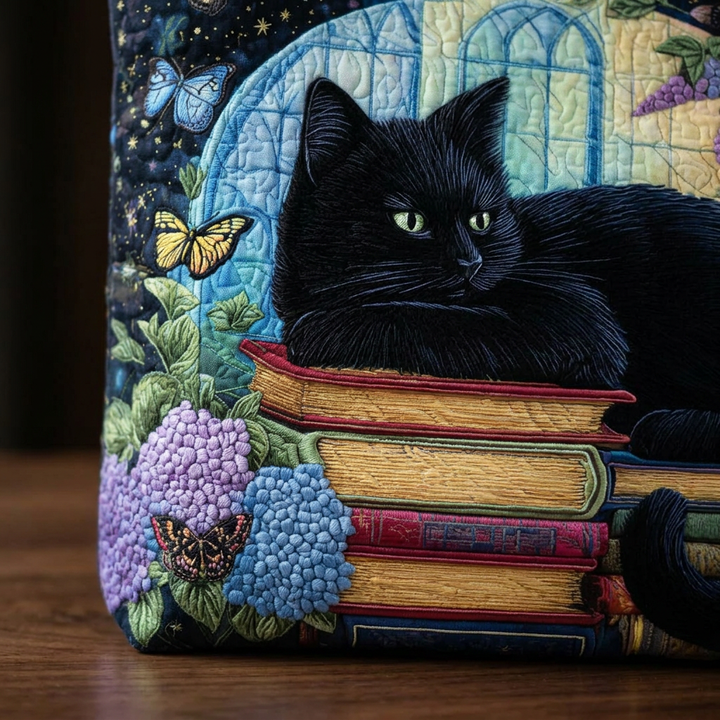 Handgefertigte Tasche mit schwarzer Katze auf Büchern – Geschenkidee