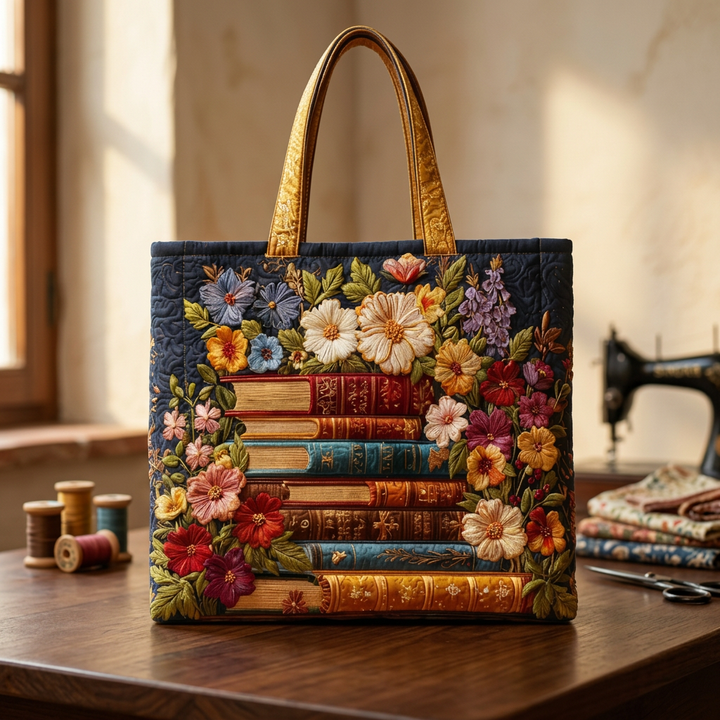 Quilted Tasche mit Blumenmuster und Büchern – Für Buchliebhaber