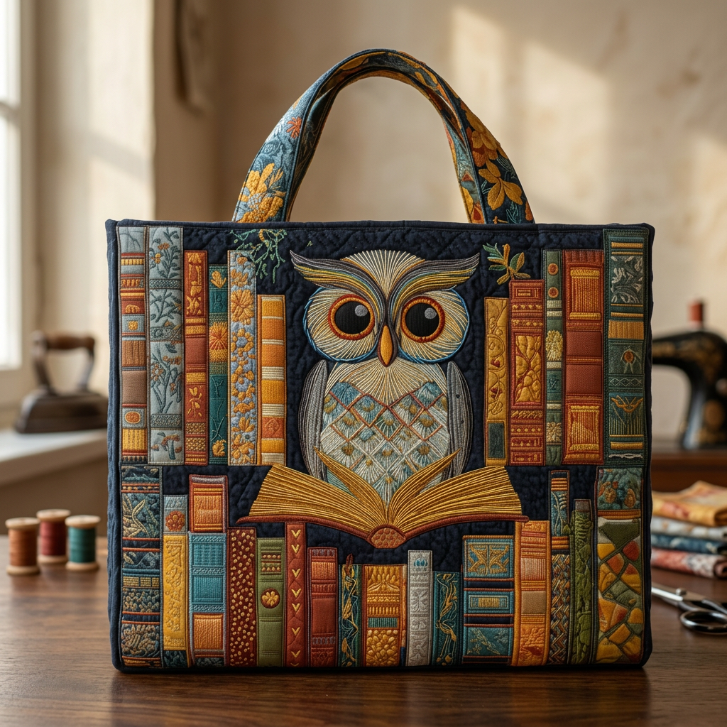 Handgefertigte Tasche mit Eule und alten Büchern – Geschenkidee