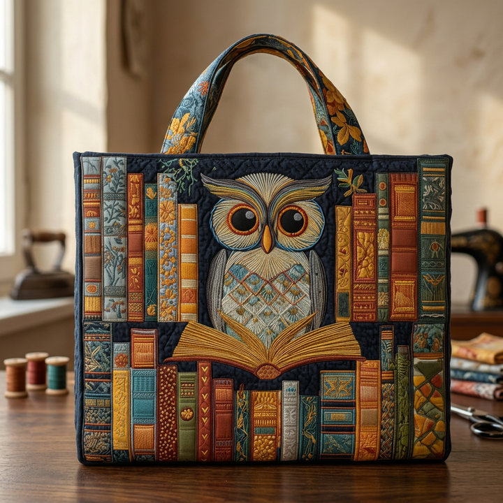 Handgefertigte Tasche mit Eule und alten Büchern – Geschenkidee